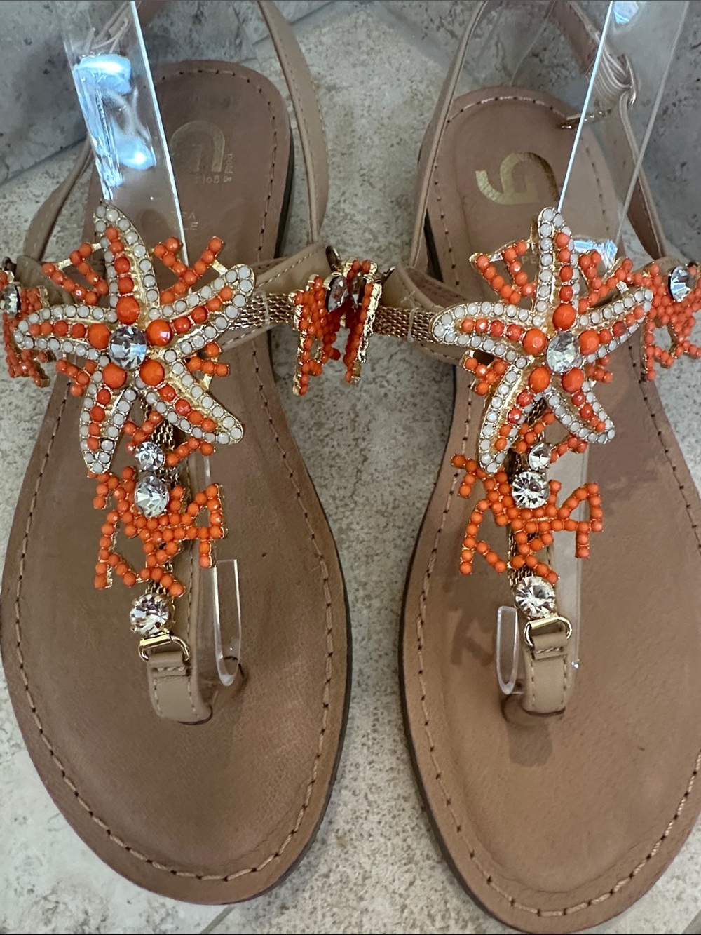 Gold and Gold 7 Beaded Starfish , Coral Italian Leather  Slingback Sandals